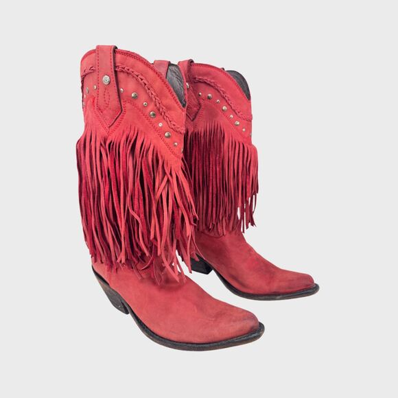 Liberty Womens Western Boots Red Leather Vegas Fringes Roper Cowgirl Rodeo US 9 - Picture 1 of 10